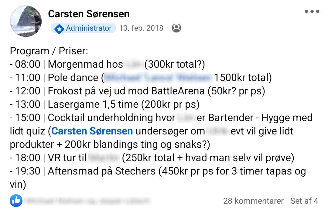 Første utdrikningslagsplan lagt ut i Facebook-gruppen — program fra morgenfrokost til kveldsmiddag med priser