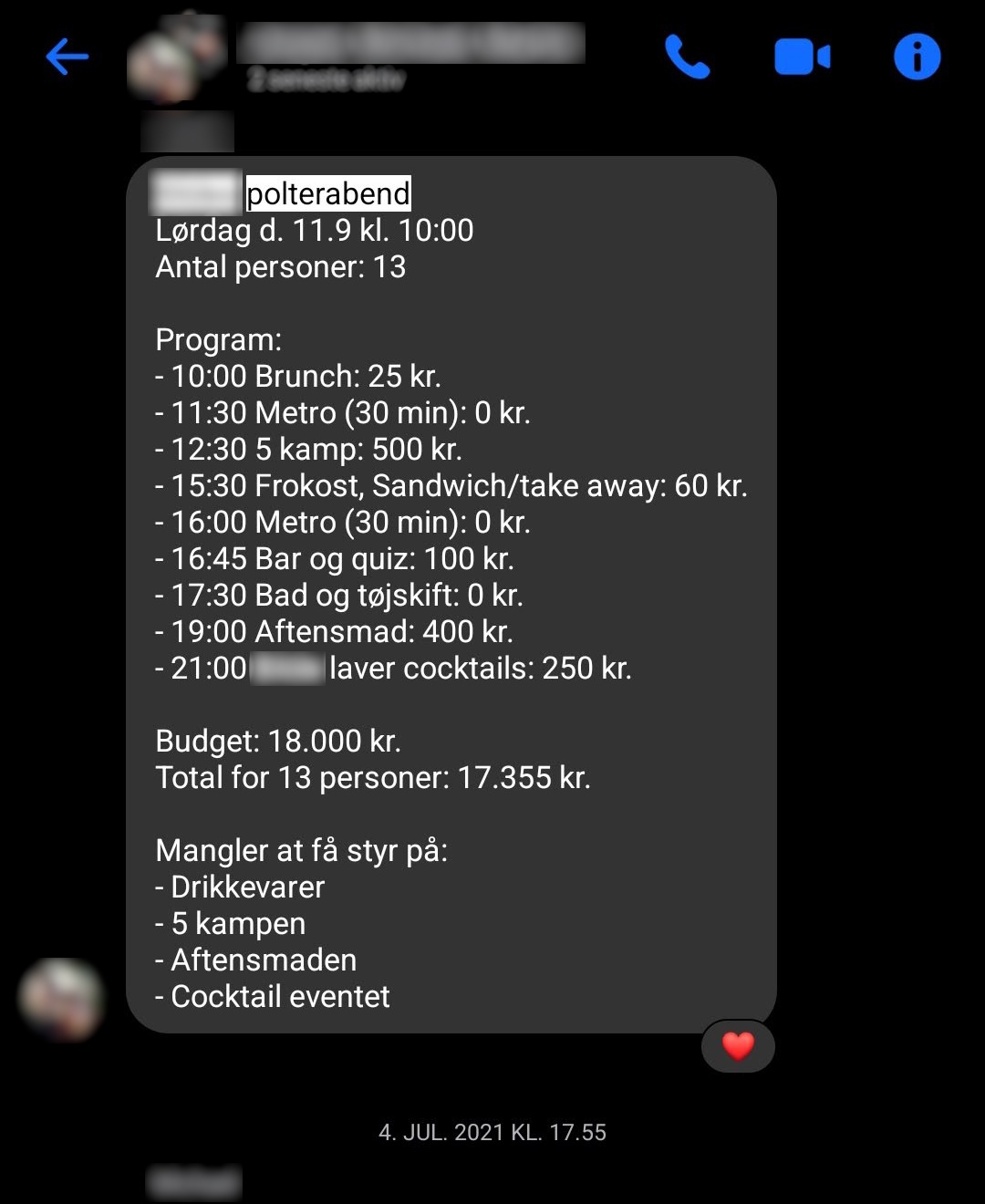 Første utdrikningslagsplan i Messenger-gruppen — heldagsprogram med metroetapper, kostnader og budsjett