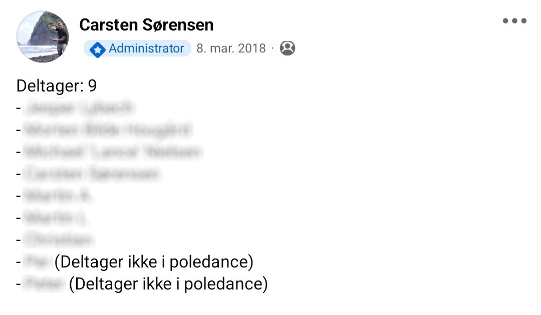 Deltakerliste lagt ut i Facebook-gruppen — 9 deltakere bekreftet, to dropper poledance