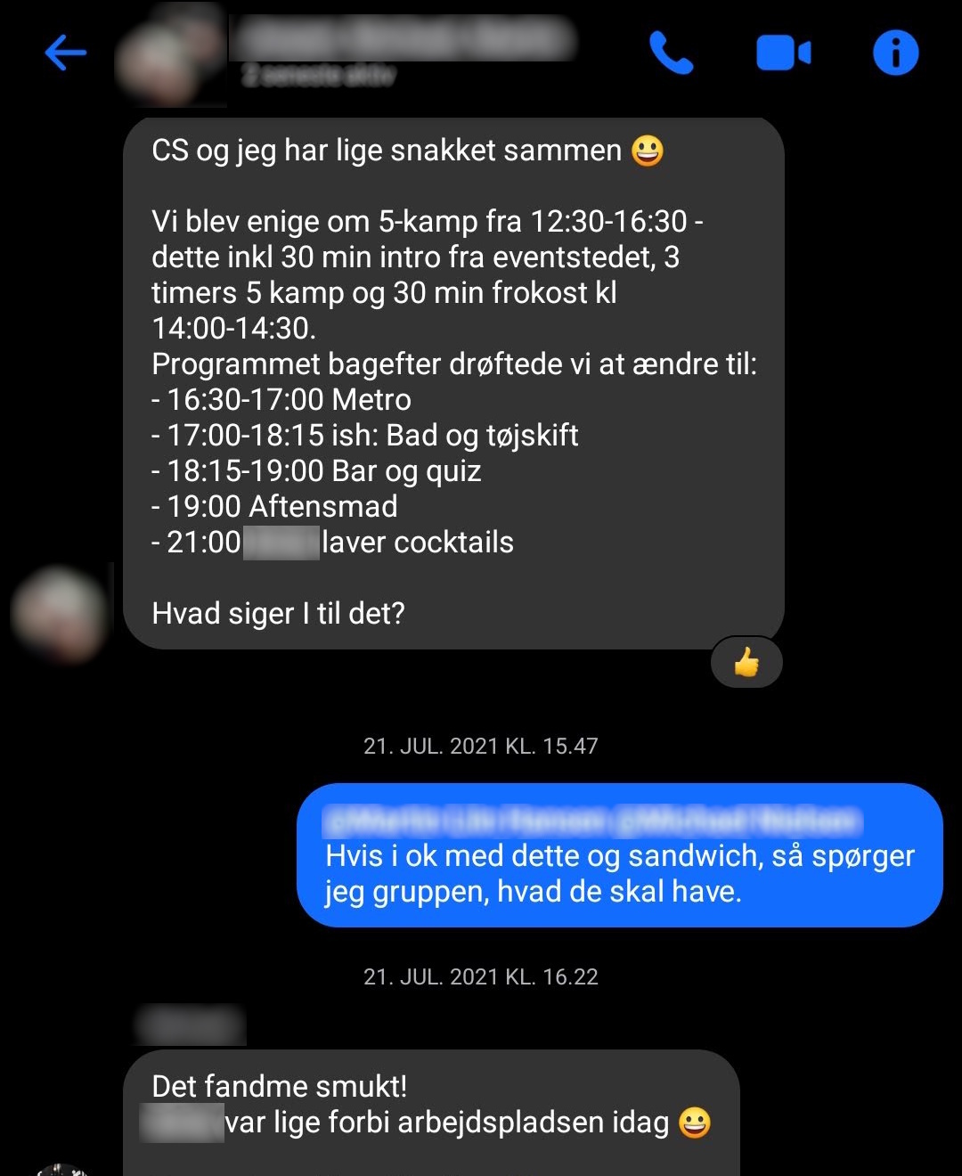 Messenger viser at 5-kampstedet bekreftet tid til 16:30, noe som tvinger metroen og alle etterfølgende aktiviteter til å flyttes
